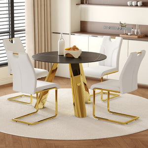 English Elm Table 5-Piece Dining Set: 42-Inch Round Sintered Stone Top With Gold Stainless Steel Legs & Chairs W2920S00041-GIGA