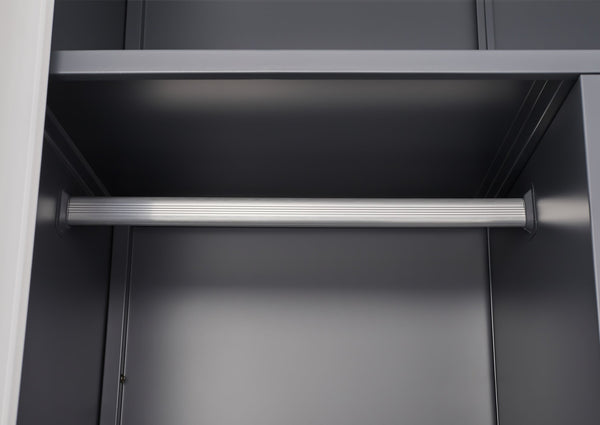 English Elm Black Steel Lockable Wardrobe with Hanging Rod Adjustable Shelves for Organized Storage Grey W1247P372609