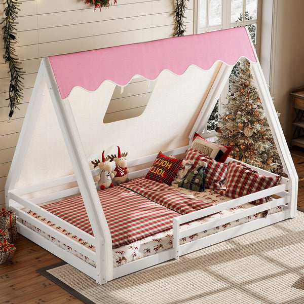 English Elm Twin Montessori Floor Bed Solid Pine Teepee Frame with Guardrails and Canopy Light White+Pink W1580P369467