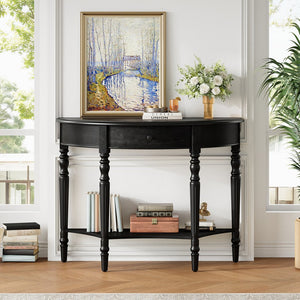 English Elm Trexm Farmhouse Half Moon Entryway Console with Drawer Open Shelf Pine Legs Black N715P383795B