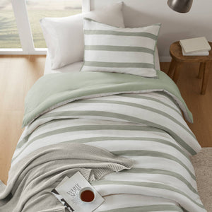 English Elm 2-piece Yarn-dyed Striped Polyester Comforter Set with Seersucker Texture for Year-round Comfort Sage Green B035P463221