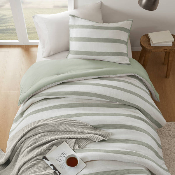 English Elm 2-piece Yarn-dyed Striped Polyester Comforter Set with Seersucker Texture for Year-round Comfort Sage Green B035P463221