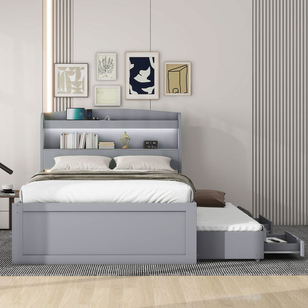 English Elm Twin XL Platform Bed with LED Headboard, Built-In Charging Station, Trundle & 2 Drawers for Space-Saving Bedrooms Gray GX001829AAE