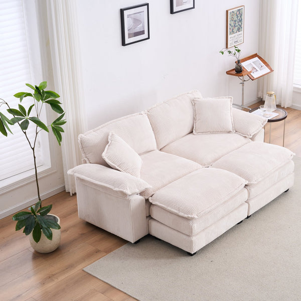 English Elm Corduroy Plush 2-Seat Sofa with 2 Back Cushions, Toss Pillows & Ottomans — Deep Seat Comfort White W2363S00062