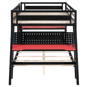 English Elm Full Size Gaming Bunk Bed with Dual Desks Usb Charging Ports and Pegboard Storage Red LT000274AAR