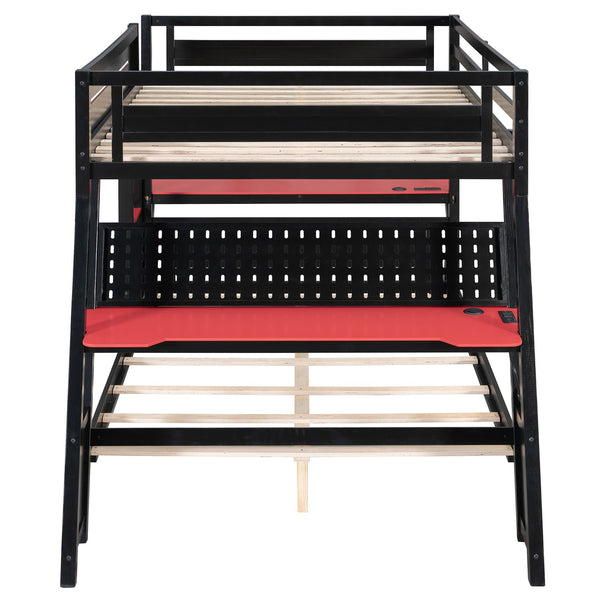 English Elm Full Size Gaming Bunk Bed with Dual Desks Usb Charging Ports and Pegboard Storage Red LT000274AAR