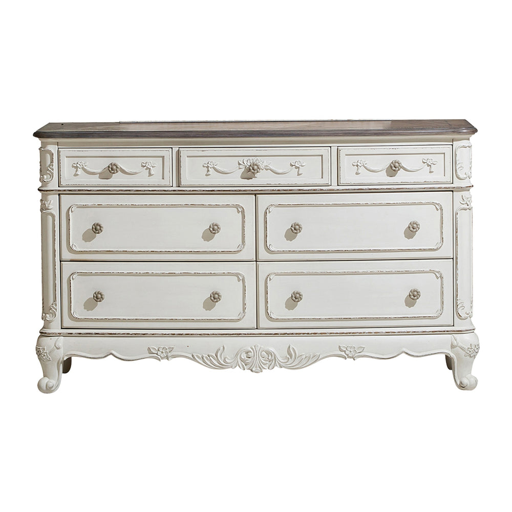 English Elm Victorian Cinderella 7-Drawer Dresser with Floral Carvings and Gray Rub-Through Finish for Bedrooms Antique White,Oak 59.5 L x 21 W x 37.5 H B011P361980