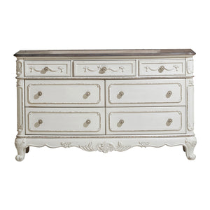 English Elm Victorian Cinderella 7-Drawer Dresser with Floral Carvings and Gray Rub-Through Finish for Bedrooms Antique White,Oak 59.5 L x 21 W x 37.5 H B011P361980