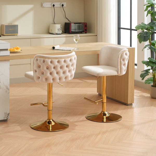English Elm A&A Velvet Tufted Swivel Barstool with Ergonomic Back and Gold-Plated 17.7" Base, Set of 2 Beige W1143P204045