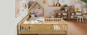 English Elm Twin House Floor Bed with Door & Full-Length Guardrails, Solid Wood Twin Loft Alternative for Kids Natural W1580P327129