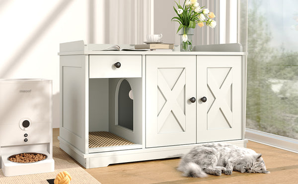 English Elm GO Cat Litter Box Enclosure with Storage Drawer & Mat, Farmhouse White Indoor Cat House Side Table N704P265258K