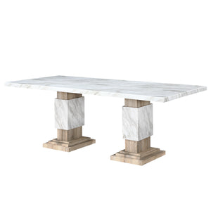 English Elm STACEY Beige Dining Table with Faux Marble Top, Solid Wood Pedestal Base & Accented Legs — Contemporary Elegance B201S00327