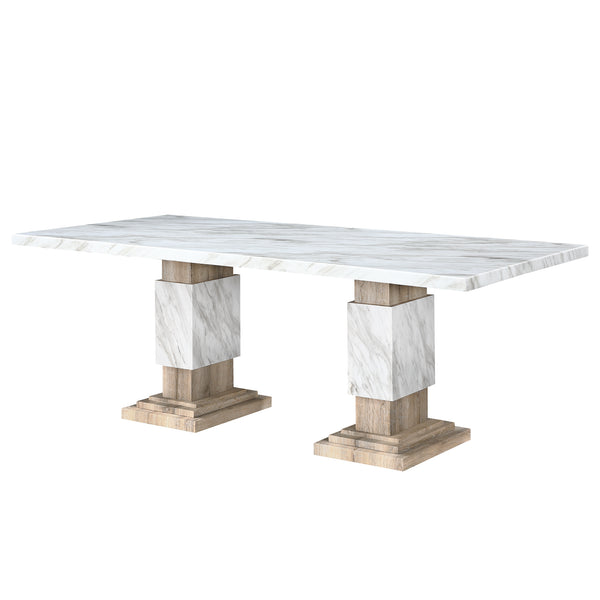 English Elm STACEY Beige Dining Table with Faux Marble Top, Solid Wood Pedestal Base & Accented Legs — Contemporary Elegance B201S00327
