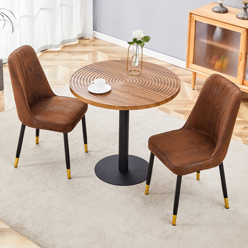 English Elm Table and Chair Set Round 31.5 Inch Dark Wood Grain with Brown Fabric Seats W1151S02481