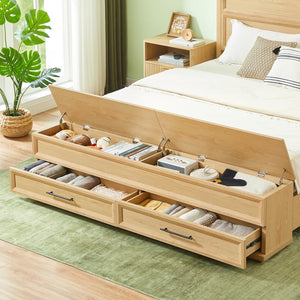 English Elm Queen Storage Bed with Geometric 3d Headboard Four Drawers and Walnut Finish W1820S00057