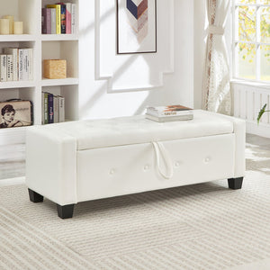 English Elm 48" Storage Ottoman Bench with Tufted Faux Leather Upholstery, Solid Wood Frame & 300lb Capacity Ivory White W1097P338779