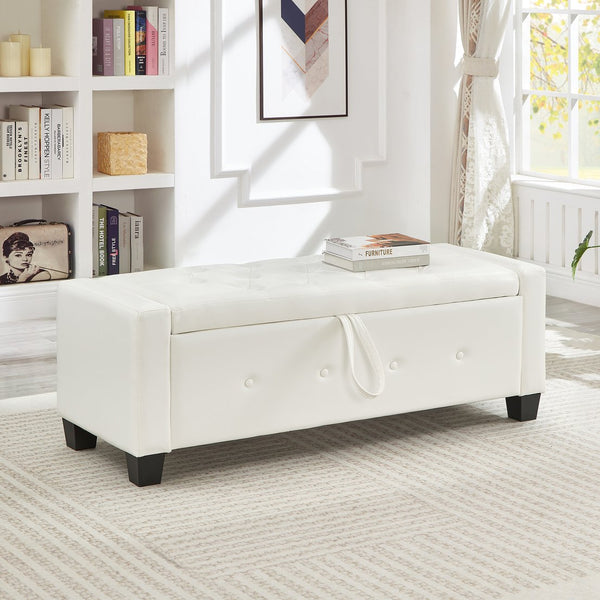 English Elm 48" Storage Ottoman Bench with Tufted Faux Leather Upholstery, Solid Wood Frame & 300lb Capacity Ivory White W1097P338779