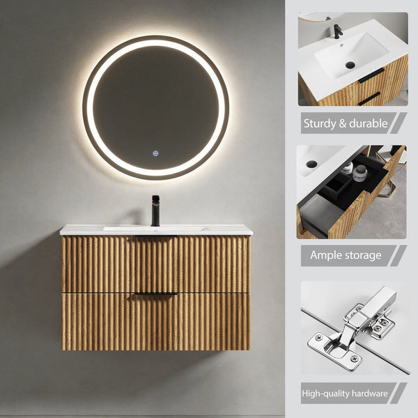 English Elm 36 Inch Floating Bathroom Vanity Fluted Wood Grain Panel with Ceramic Integrated Sink W3520S00045