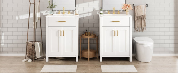 English Elm Modern 48 Inch Freestanding Bathroom Vanity Dual Ceramic Sinks Soft Close Gold Handles White N729P000008K