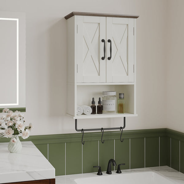 English Elm Farmhouse Vintage Wall Cabinet with Towel Rack, 3 Hooks & Adjustable Shelf — Beige Brown MDF Storage T3771P352295