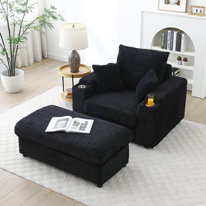 English Elm Oversized Corduroy Accent Chair with Ottoman Neck Pillow and Wide Armrests for Cozy Reading Black W1117S00248
