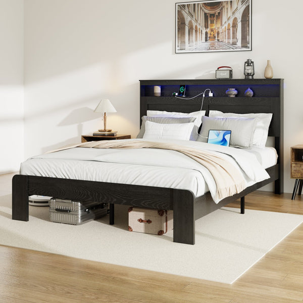 English Elm Bed Frame Queen Size With Storage, Led Headboard & Usb Charging - Easy Assembly, Noise-Free Design! W636P265339