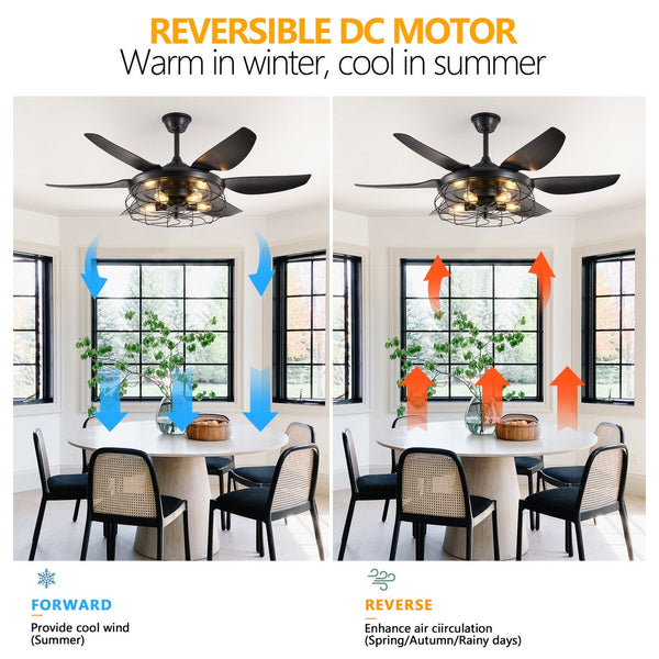 English Elm 52" Modern Black Ceiling Fan with Light Remote, 6-Blade Industrial Cage, Silent DC Motor, Reversible Speed W1340P272386
