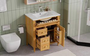 English Elm 30" Pine Wood Bathroom Vanity with Ceramic Sink Soft Close Drawers and Vintage Knobs N725P375498N