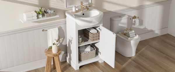 English Elm 20-inch French Style Freestanding Vanity Carved Wood Cabinet Soft Close Ceramic Basin White N710P330977K