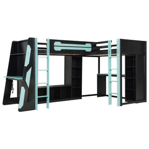 English Elm L-shaped Gaming Loft Bunk Bed Twin Wood Frame Rgb Lighting Usb Ports Storage Shelves Blue LT000295AAC