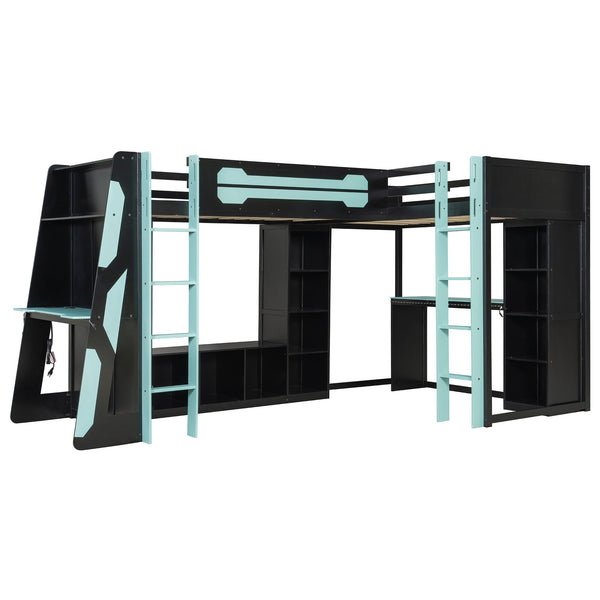 English Elm L-shaped Gaming Loft Bunk Bed Twin Wood Frame Rgb Lighting Usb Ports Storage Shelves Blue LT000295AAC