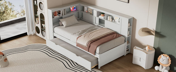English Elm Twin Daybed with Built-In Shelves, USB Port & Trundle — Solid Pine Frame, Sturdy Storage and Smooth Wheels for Space-Saving Sleep Solutions White GX000467AAK