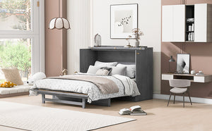 English Elm Queen Murphy Wall Bed with Usb Ports Storage Drawers and Cabinet Style Panel Front Gray N708S00006AAE