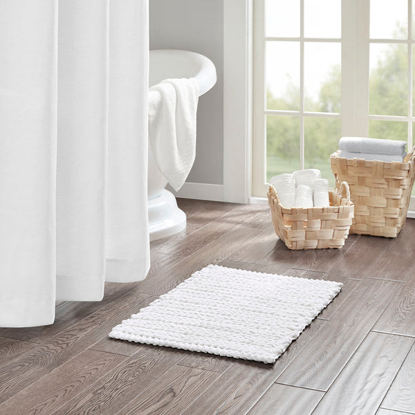 JLA Home Madison Park - 100% Cotton plush chenille chain-stitch bath rug — quick-dry, OEKO‑TEX certified, machine washable, non‑skid backing White MP72-5826