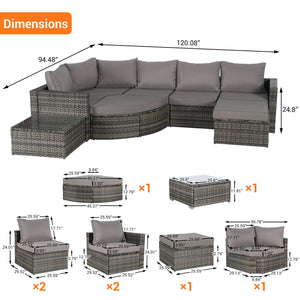 English Elm 8 Piece Outdoor Wicker Sectional Set with Curved Sofa Ottoman and Tempered Glass Table Dark Gray W874S00040