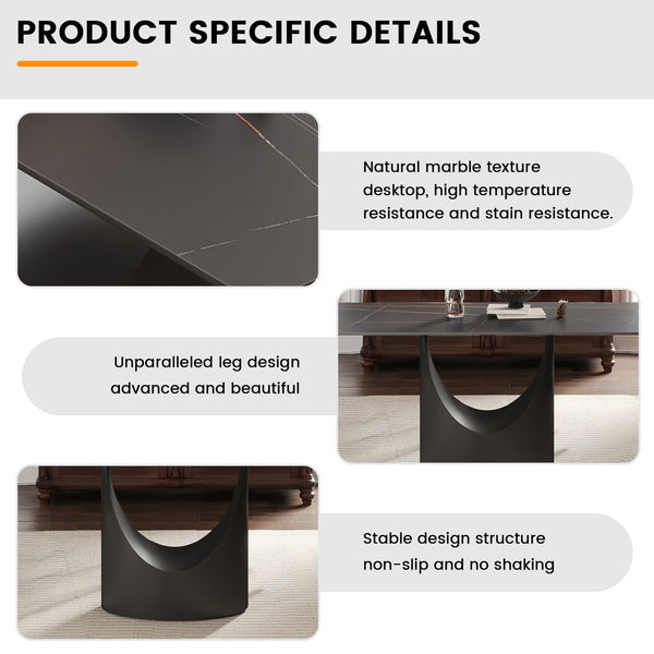 English Elm 55.12"Modern Sintered Stone Dining Table with Bronze Iron Legs — Sleek Rectangular Top, Seats 6, 400 lb Capacity Black W1535S00564