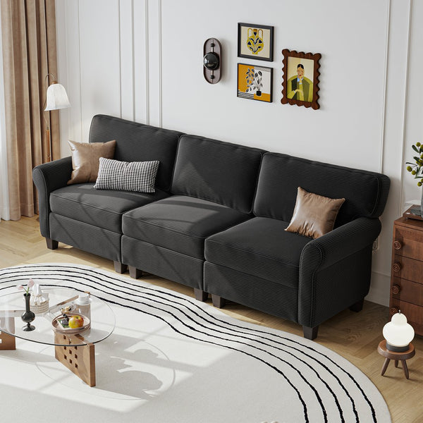 English Elm 94" Corduroy Three Seater Sofa Deep Cushioned Solid Wood Frame Modern Living Room Couch Black W2715S00008