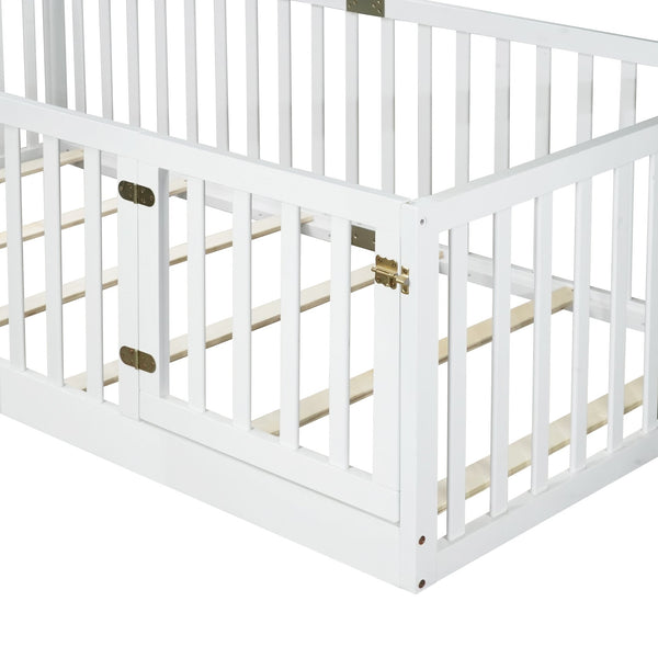 English Elm Twin Floor Bed Solid Rubber Wood with Tall Safety Railings for Toddler Sleep White W504P287652