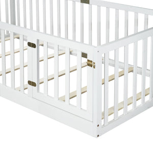 English Elm Twin House Frame Floor Bed Rubberwood with Roof Canopy and Safety Rails for Kids White W504P429538