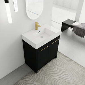 English Elm 30 Inch Freestanding Bathroom Vanity With Modern Resin Sink & Soft-Close Doors For Easy Storage W999S00178