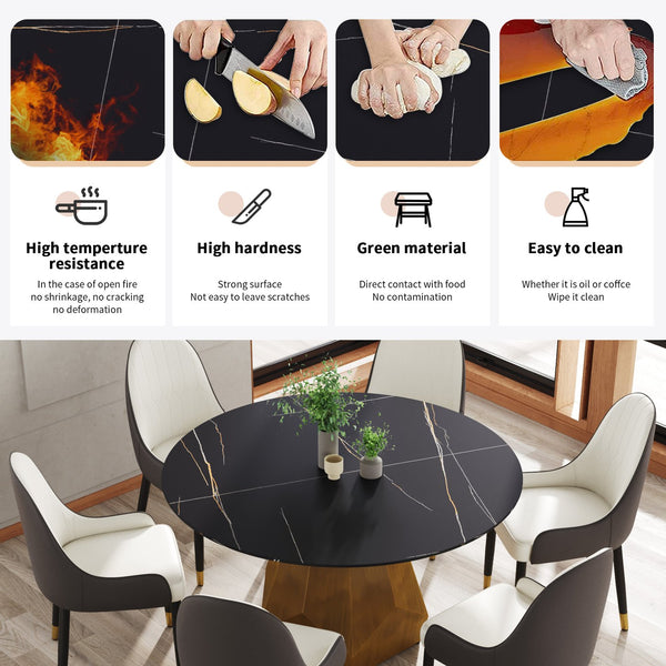 English Elm 53" Round Marble Dining Table With Metal Base - Elegant Artificial Marble For 6-Person Settings W1535S00366