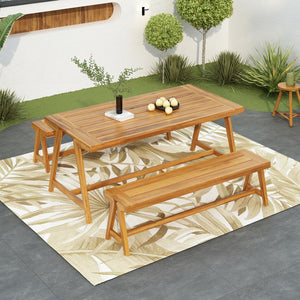 English Elm Outdoor Acacia Wood Picnic Dining Set with Two Benches for Patio Deck or Backyard N770P358872T