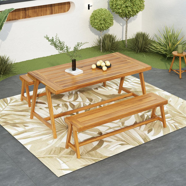 English Elm Outdoor Acacia Wood Picnic Dining Set with Two Benches for Patio Deck or Backyard N770P358872T