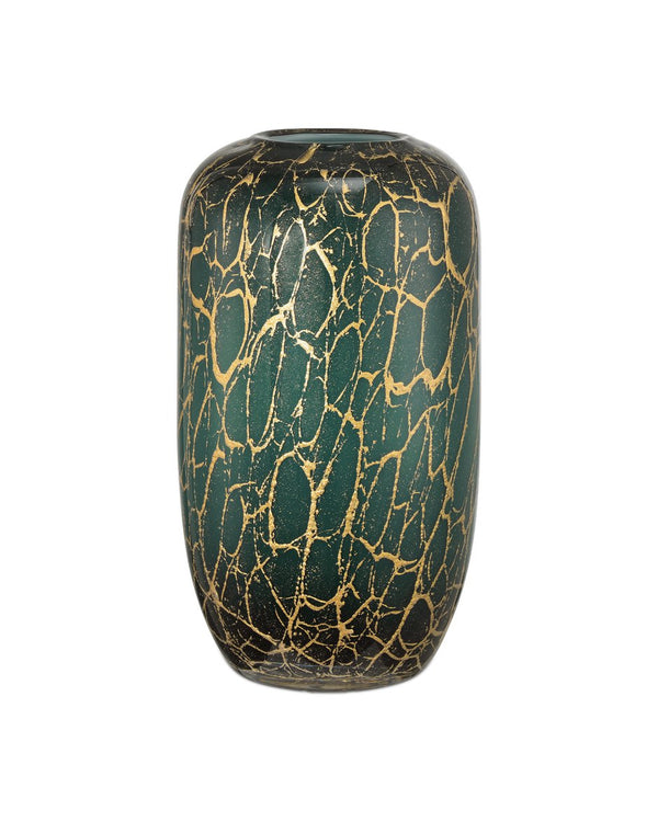 Currey & Company Vitry Mouthblown Glass Vase - Unique Dark Teal & Gold Swirl Design, Artistic Home Decor Accent Green Glass ,Gold Powder 1200-0990-currey-company