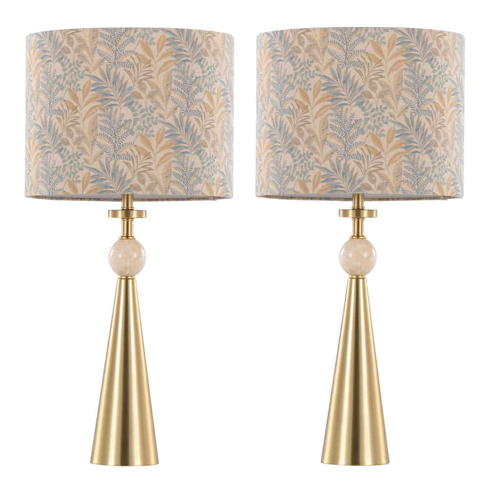 English Elm Table Lamp Set of Two Gold Metal Travertine Base with Leaf Fabric Shade Glam Decor B202P471581