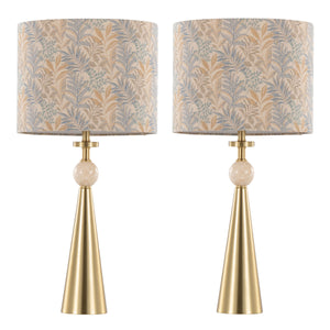 English Elm Table Lamp Set of Two Gold Metal Travertine Base with Leaf Fabric Shade Glam Decor B202P471581