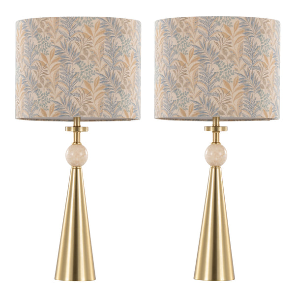 English Elm Table Lamp Set of Two Gold Metal Travertine Base with Leaf Fabric Shade Glam Decor B202P471581