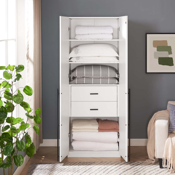 English Elm Lee 32" Wardrobe Closet White — Tall Slim Storage with 3 Shelves, 2 Soft-Close Drawers & Snap Assembly B365S00129