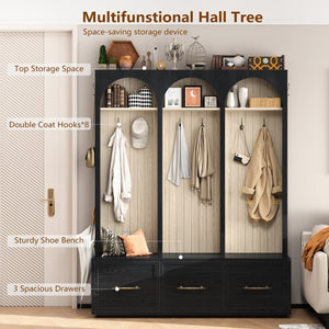 English Elm Farmhouse Hall Tree with Arched Panels Bench Drawers and Hooks for Mudroom Entryway Black W5271S00005