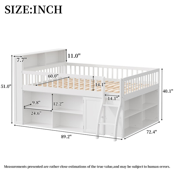English Elm Queen Loft Bed with Open Shelving Built-in Led Light White Wood Frame N7090005025K